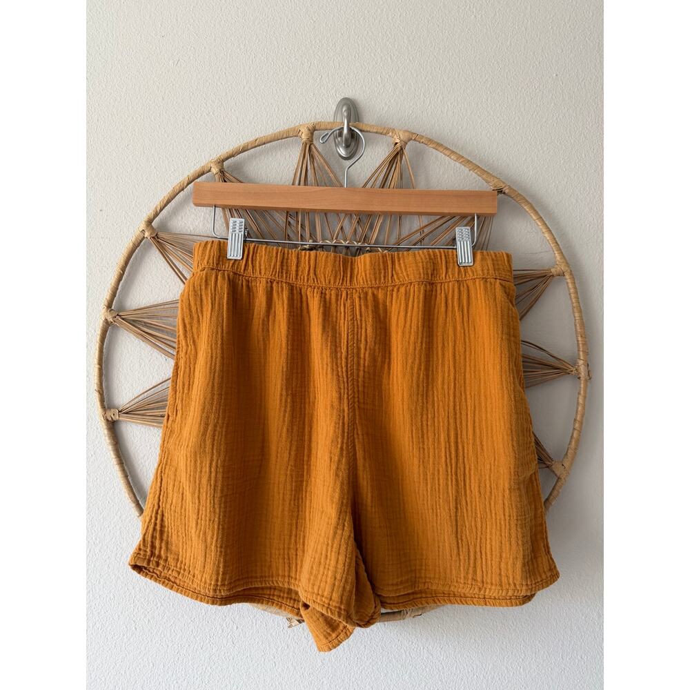 Mustard Yellow Gold Muslin Gauze High Rise Shorts Elastic Waist Pockets MEDIUM